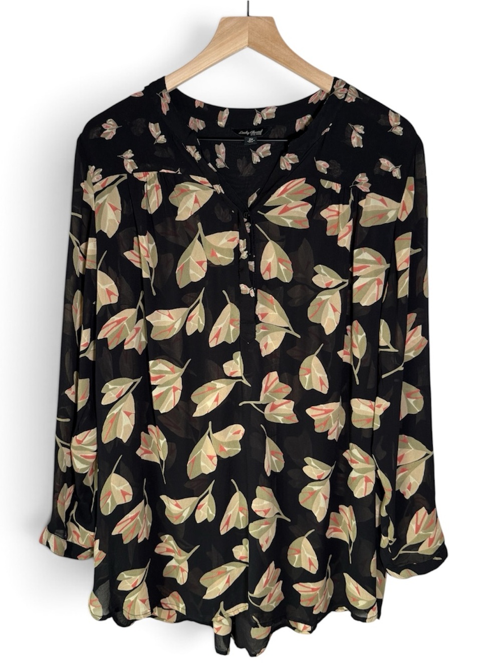 Lucky Brand Black Floral V-Neck Long Sleeve Blouse Top Size 2X Sheer Lightweight